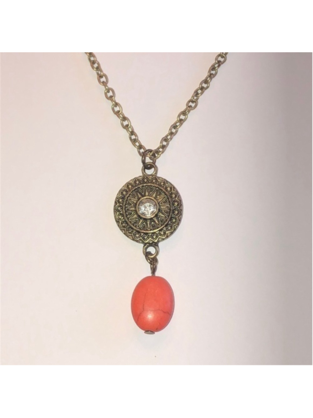 Brass Tone Dangling Orange Stone/Bead Pendant Necklace